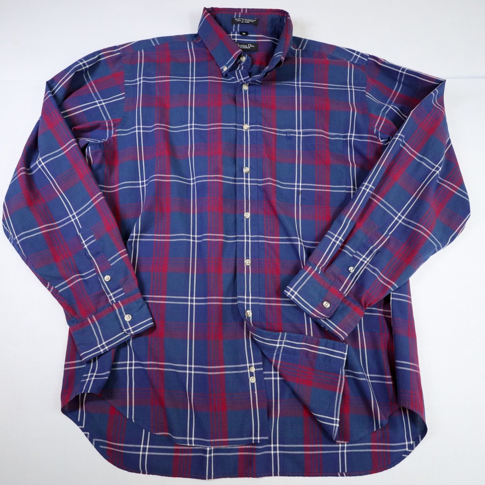 Christian Dior Monsieur Shirt Mens XL Blue Red Plaid Long Sleeve Button Vintage